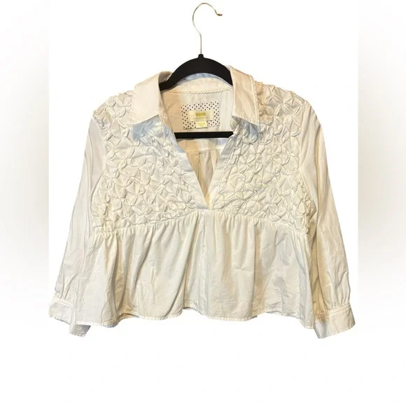 Maeve Smocked Babydoll Top Medium White Poplin Puff Sleeve Feminine Chic - Picture 9 of 10